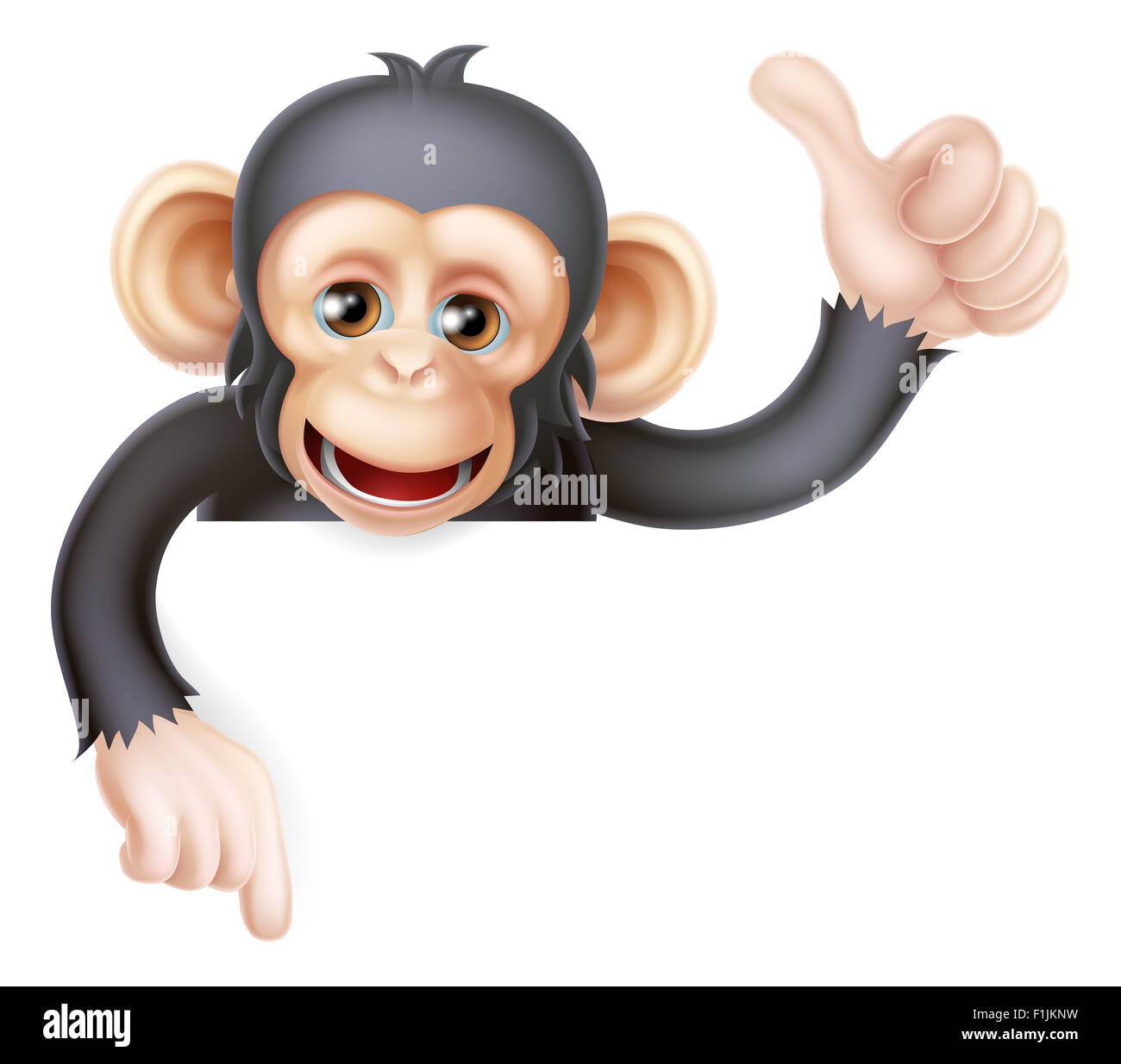 Cartoon chimp monkey like character mascot peeking above a sign giving ...