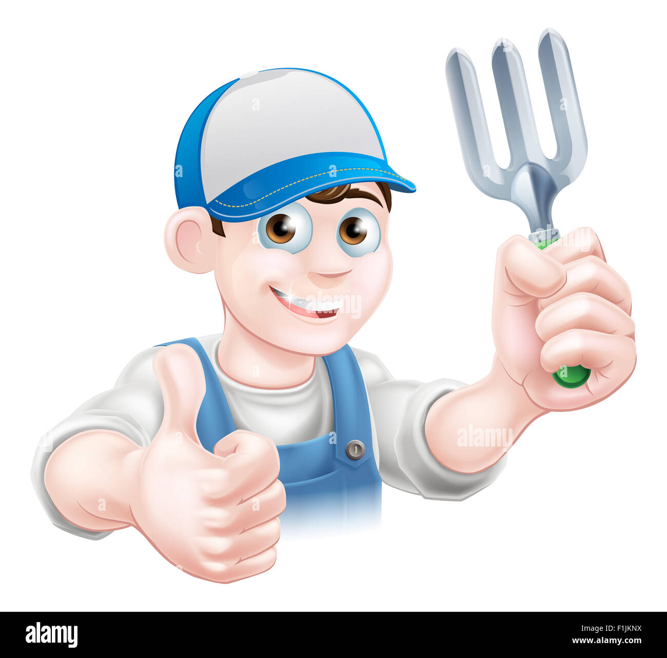 A cartoon gardener character holding a garden fork and giving a thumbs up Stock Photo