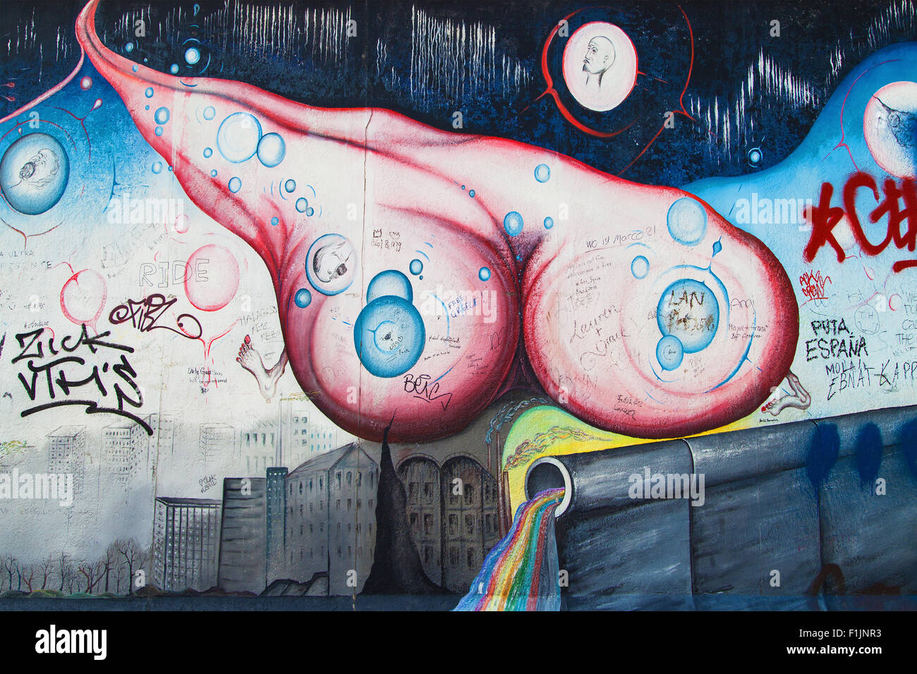 Mural 'Gotterdammerung' by Gerald Kriedner on the East Side Gallery in Berlin, Germany. Stock Photo