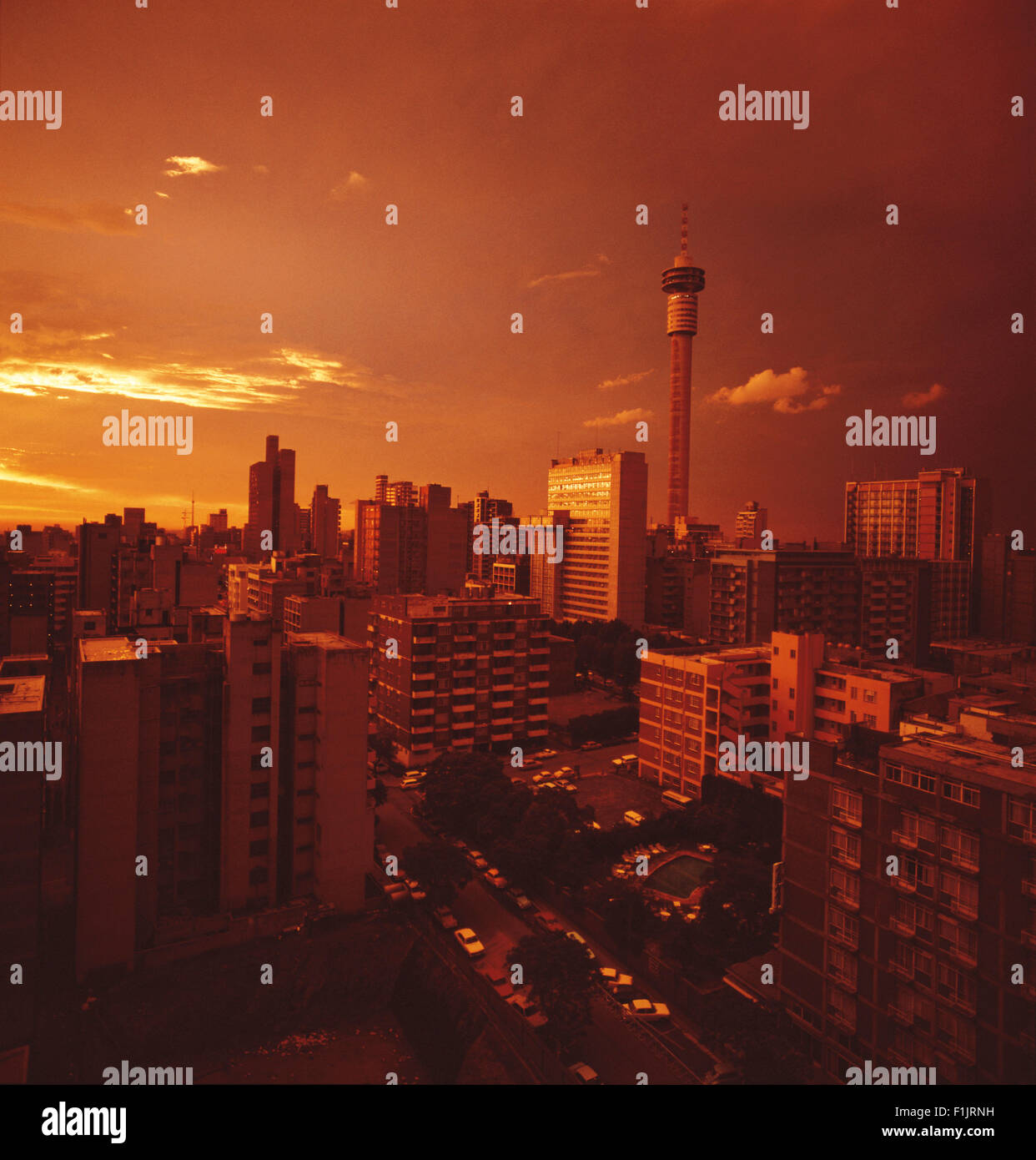 Johannesburg skyline with Hillbrow Tower high-rise buildings at sunset. Johannesburg, Gauteng Province, South Africa, Africa. Stock Photo