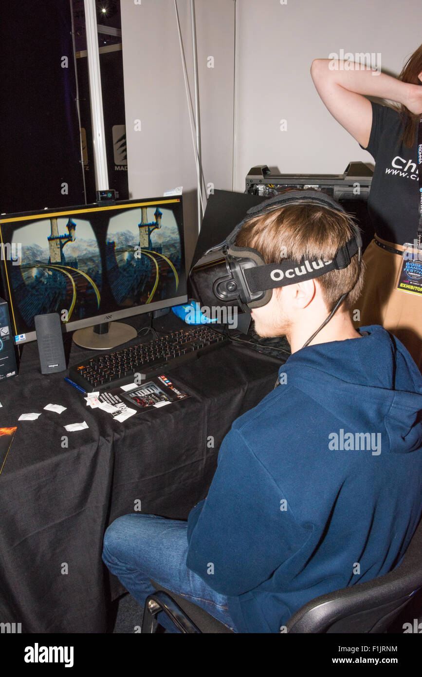 A teenage boy wearing an oculus rift headset at Insomnia55 the Ricoh Arena Coventry West Midlands UK Stock Photo