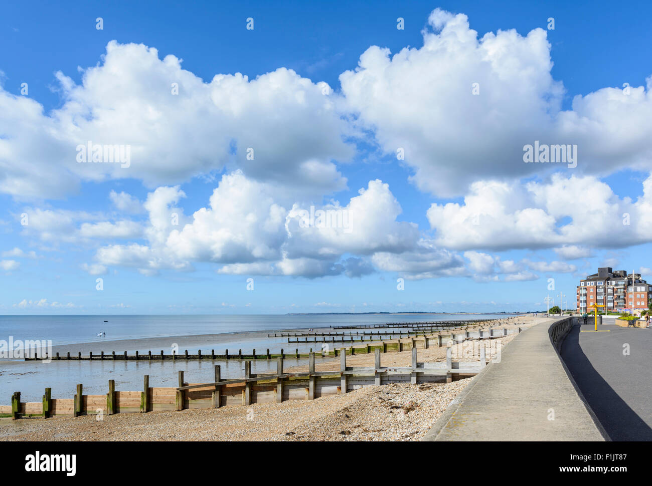 Beach and blue sky with white clouds on the South Coast at Bognor Regis, West Sussex, England, UK. Stock Photo