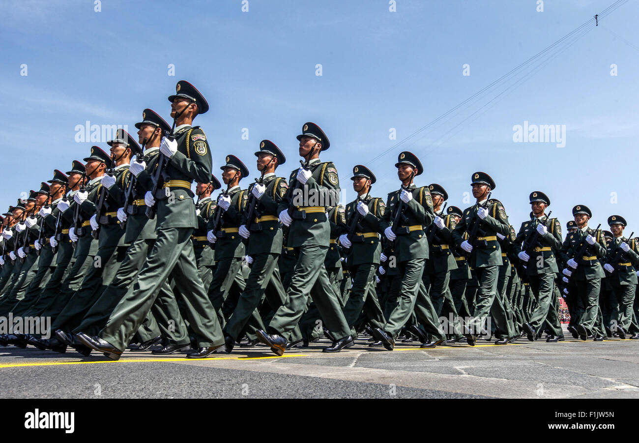 Beijing, China. 3rd Sep, 2015. The phalanx honoring heroes of 'South China Guerrilla' attends a parade in Beijing, capital of China, Sept. 3, 2015. China on Thursday held commemoration activities, including a grand military parade, to mark the 70th anniversary of the victory of the Chinese People's War of Resistance Against Japanese Aggression and the World Anti-Fascist War. Credit:  Shen Bohan/Xinhua/Alamy Live News Stock Photo
