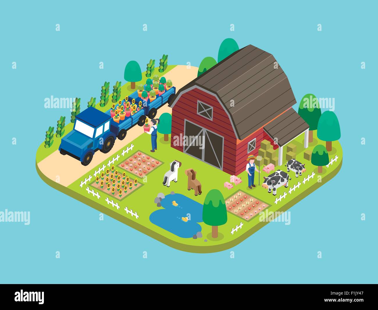 adorable farmland concept in flat 3d isometric graphic Stock Vector