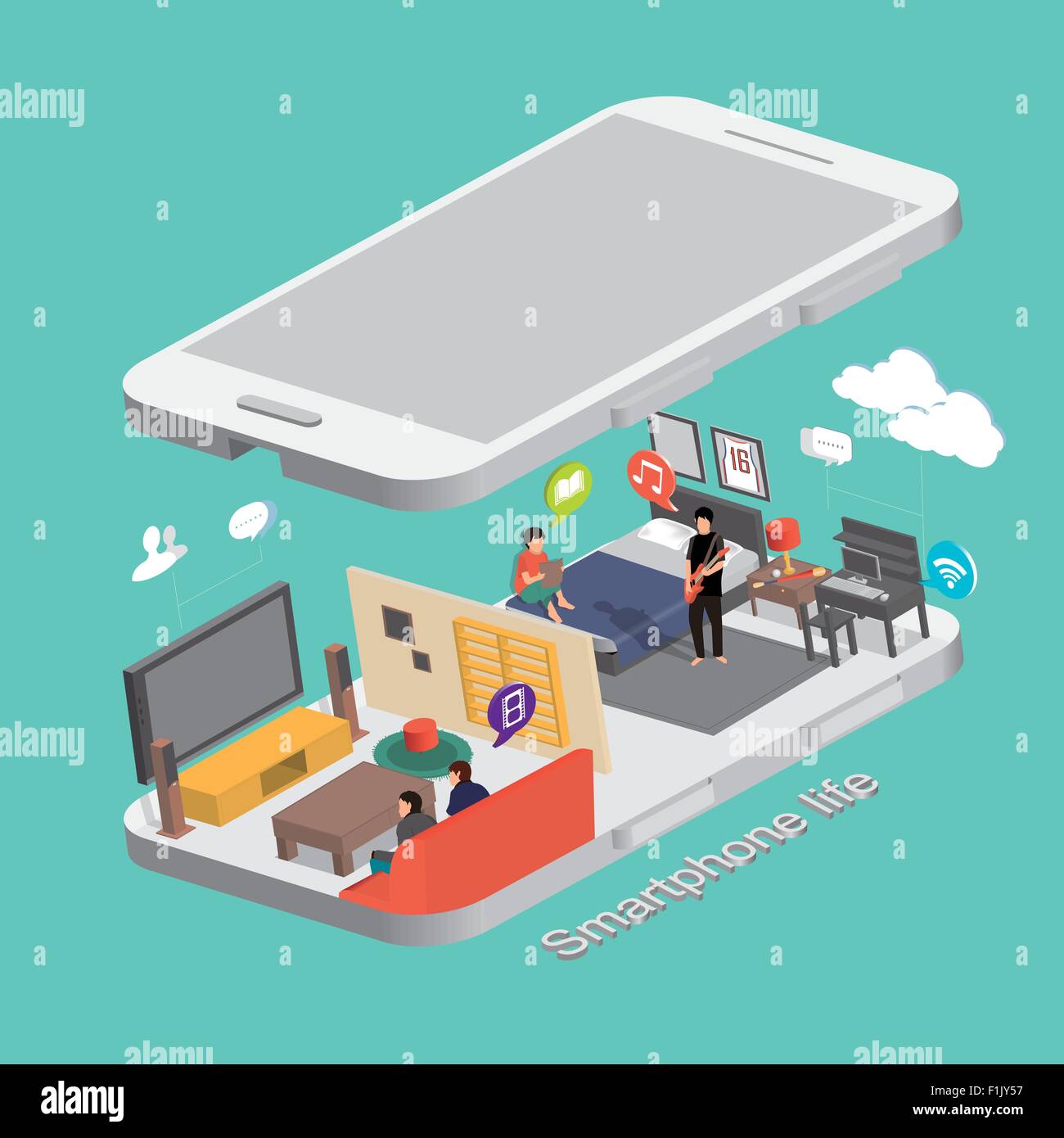 smartphone life concept in flat 3d isometric graphic Stock Vector Image