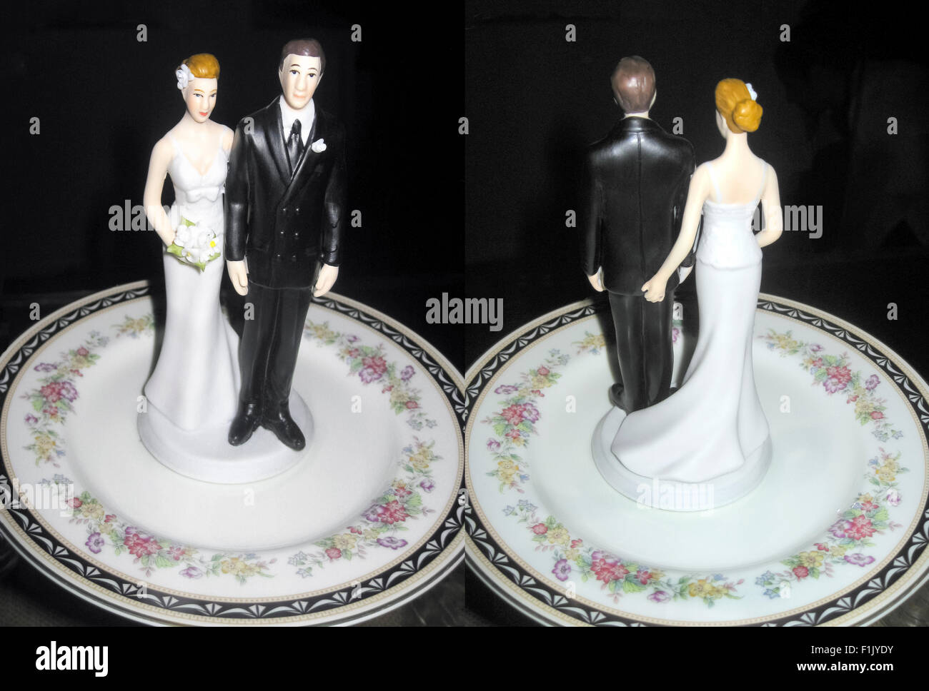 Front and rear views of a bride-and-groom figurine waiting to be put on the top of a wedding cake reveal that the bride has a sense of humor. Stock Photo