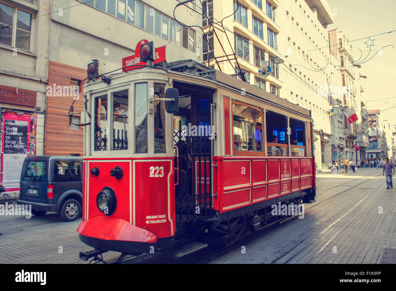 Tram on the Taksim Istiklal Street in Istanbul, Turkey. Stock Photo
