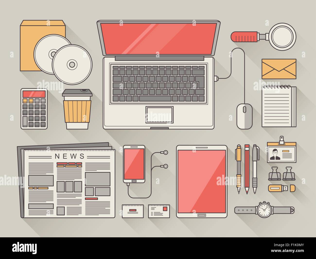 top view of work place concept in thin line style Stock Vector Image ...
