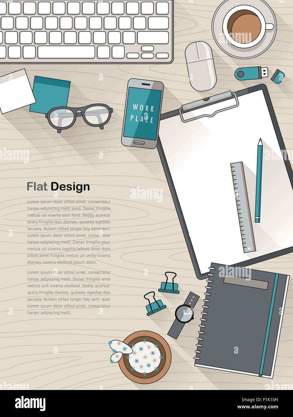 top view of flat design workplace in thin line style Stock Vector Image ...