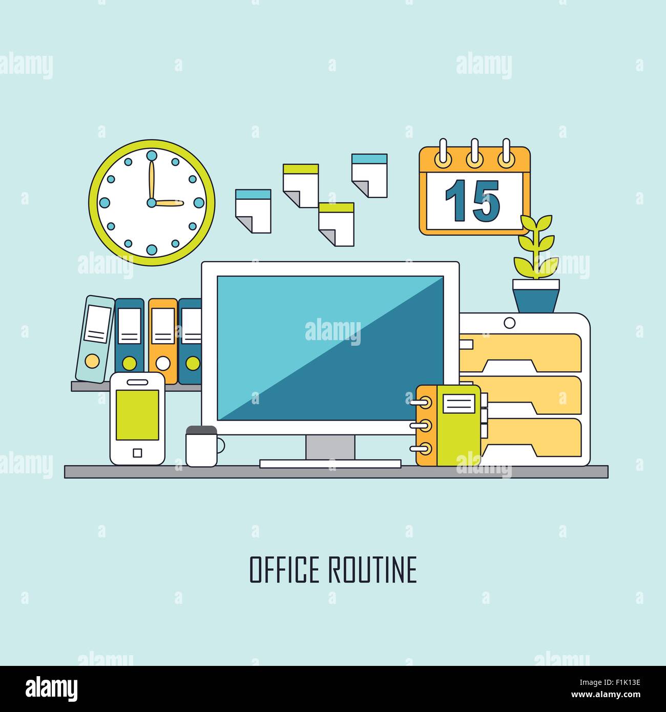 routine office and business lifestyle in flat thin line style Stock