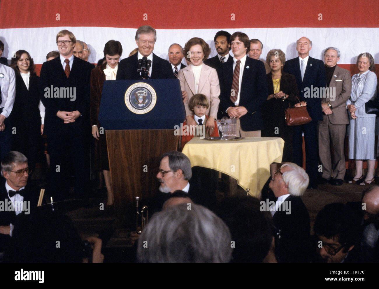 Members of the Carter family including first lady Rosalynn Carter look on as United States President Jimmy Carter makes remarks conceding the election to Republican Ronald Reagan at the Sheraton Washington Hotel in Washington, DC on November 4, 1980. Credit: Benjamin E. 'Gene' Forte/CNP - NO WIRE SERVICE - Stock Photo