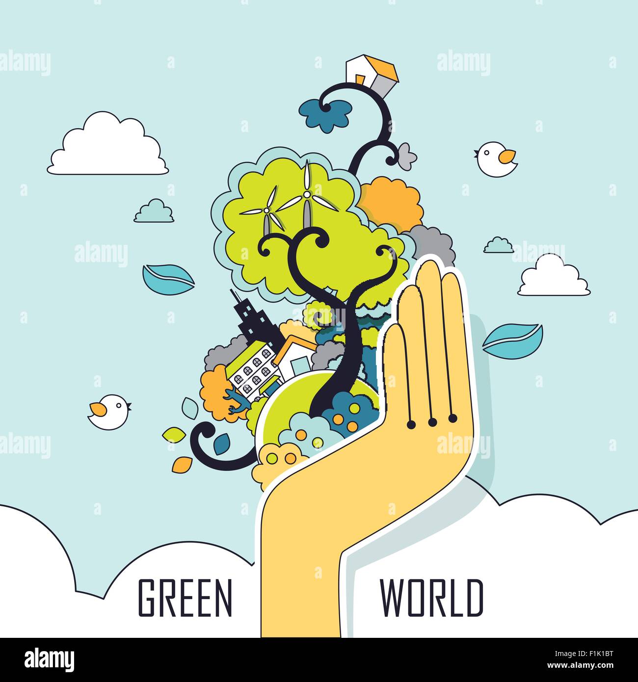ecology concept: hand holding green world element in thin line style ...