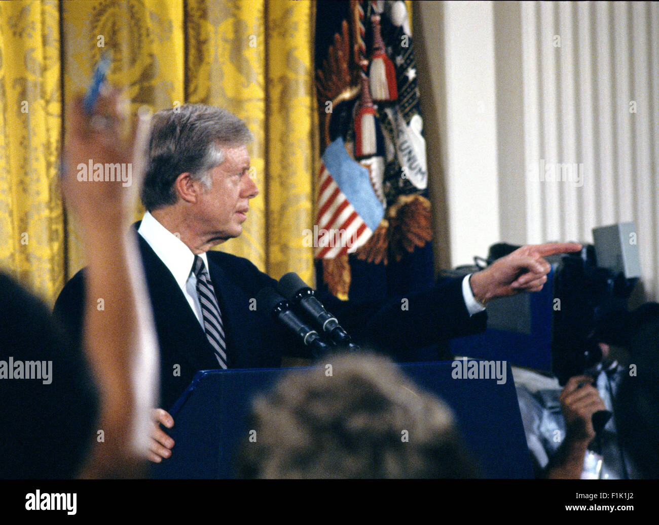 United States President Jimmy Carter holds a press conference in the East Room of the White House in Washington, DC on August 4, 1980. The President discussed the scandal surrounding his brother Billy. Carter said there was no impropriety in his brother's activities and insisted neither he nor any member of his administration broke any laws. The President went on to say his brother tried to free the American hostages being held in Iran through his dealings with the Libyans. Credit: Benjamin E. 'Gene' Forte/CNP - NO WIRE SERVICE - Stock Photo
