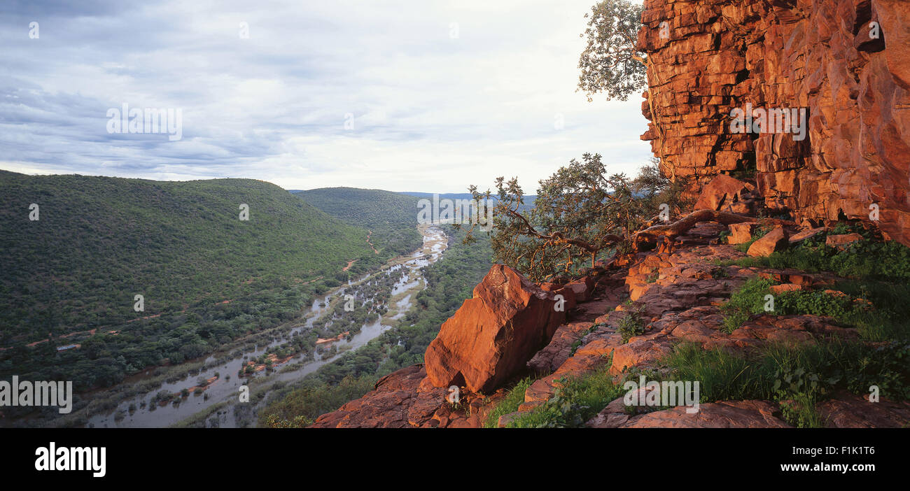 Scenic view of Mogol River with rocky outcrop in foreground. Northern Province, South Africa, Africa. Stock Photo