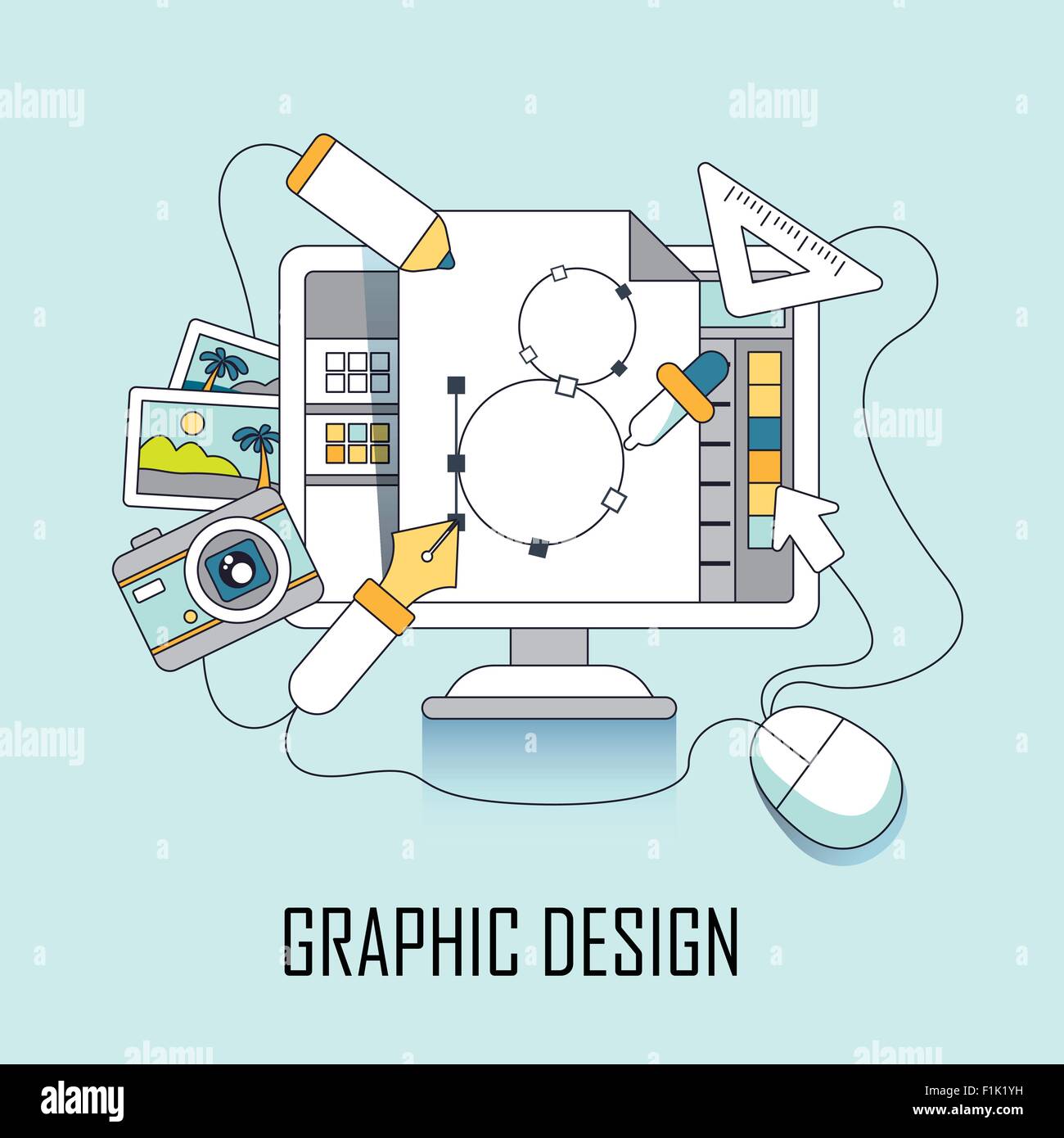 graphic design concept: computer and design elements in line style ...