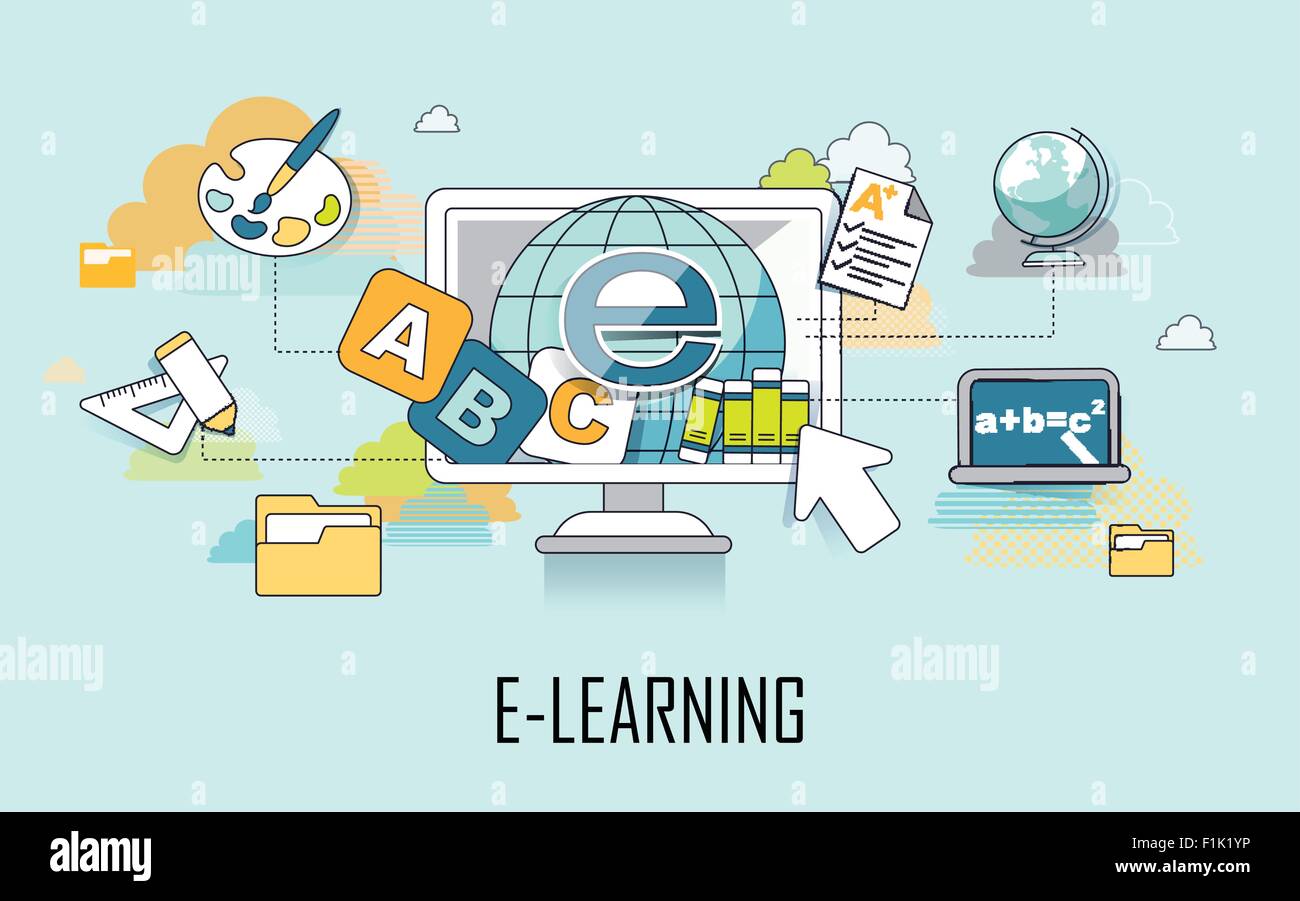 e-learning concept: learning elements and computer in line style Stock ...