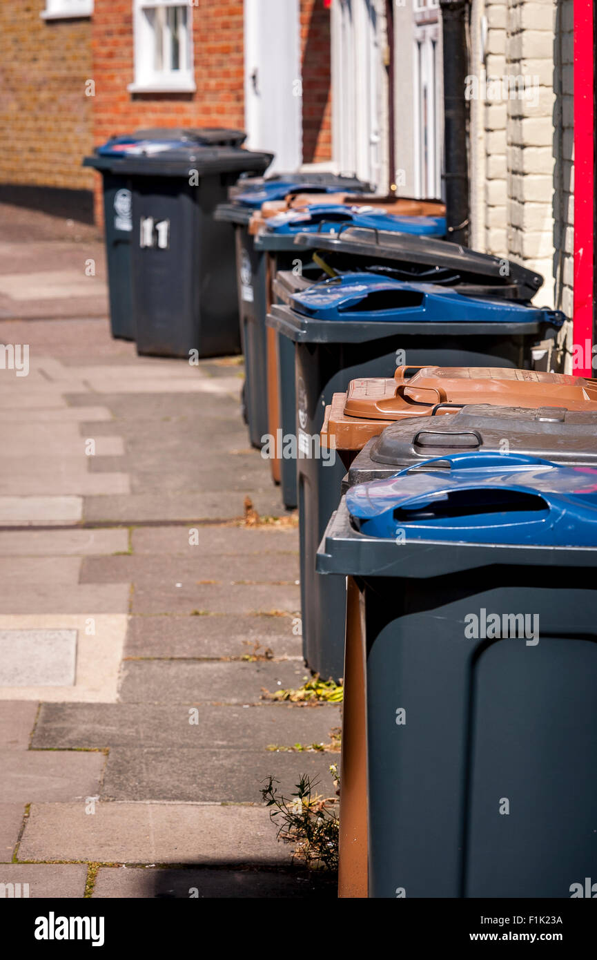 Wheelie bins awaiting collection outside domestic properties in the UK