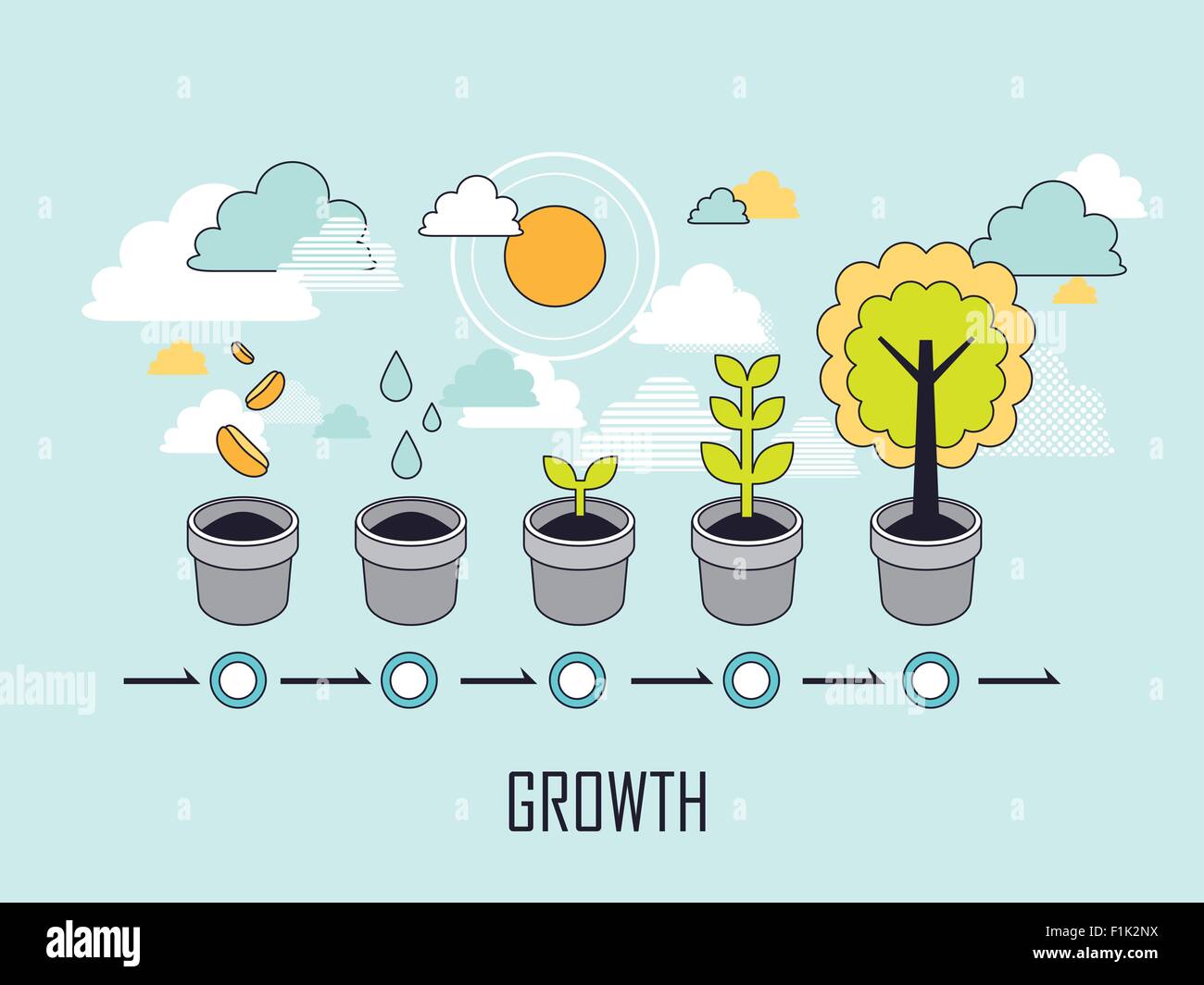 growth concept: the growing process of a tree in line style Stock Vector
