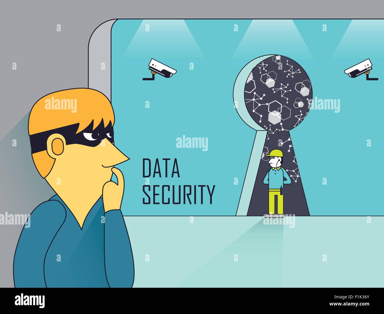 data security concept with theft and security guards in line style Stock Vector
