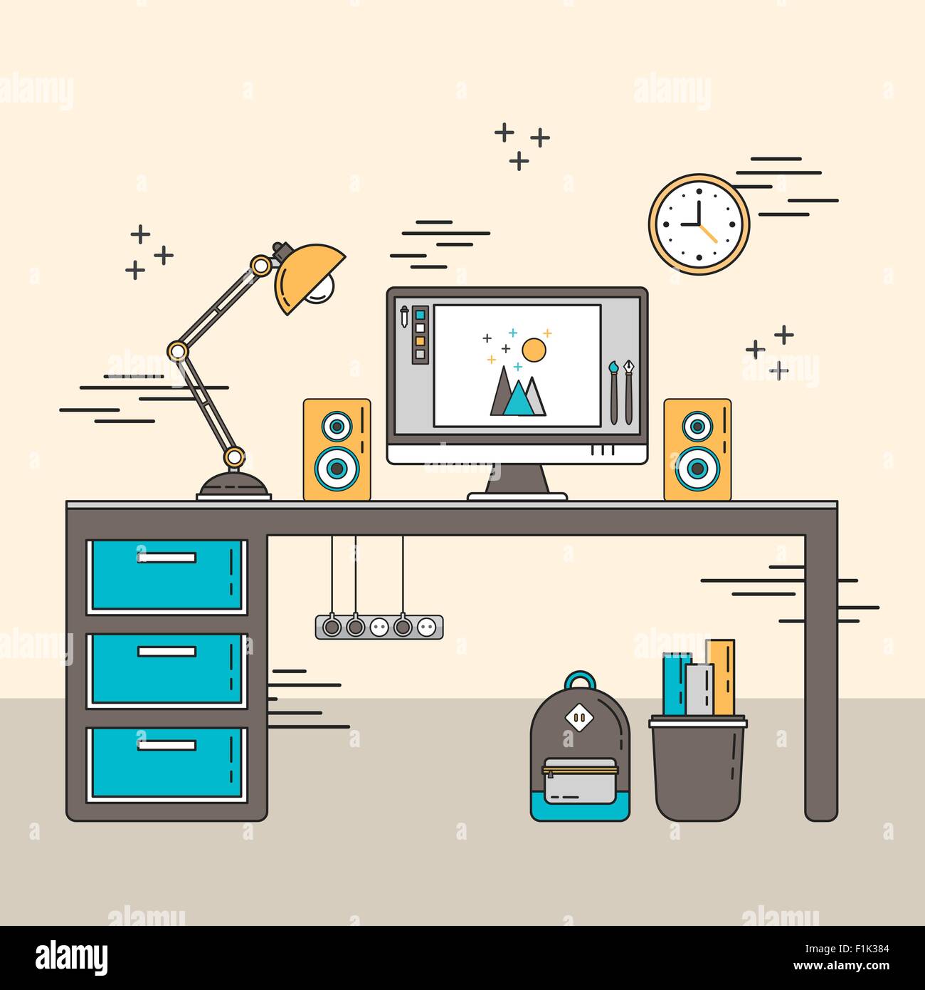 personal workplace scene in flat line style Stock Vector Image & Art ...