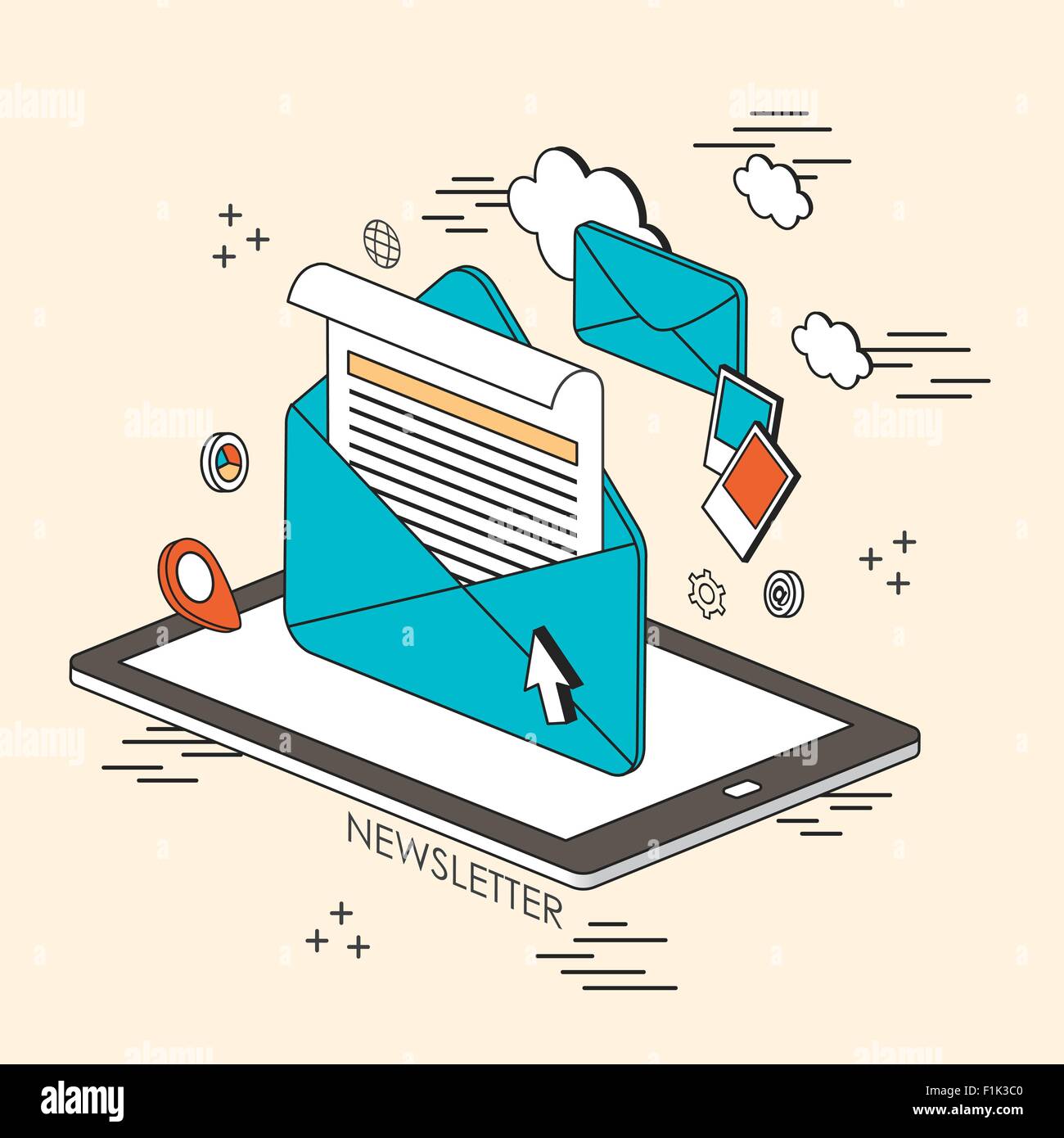 newsletter concept email and information showing up from tablet in