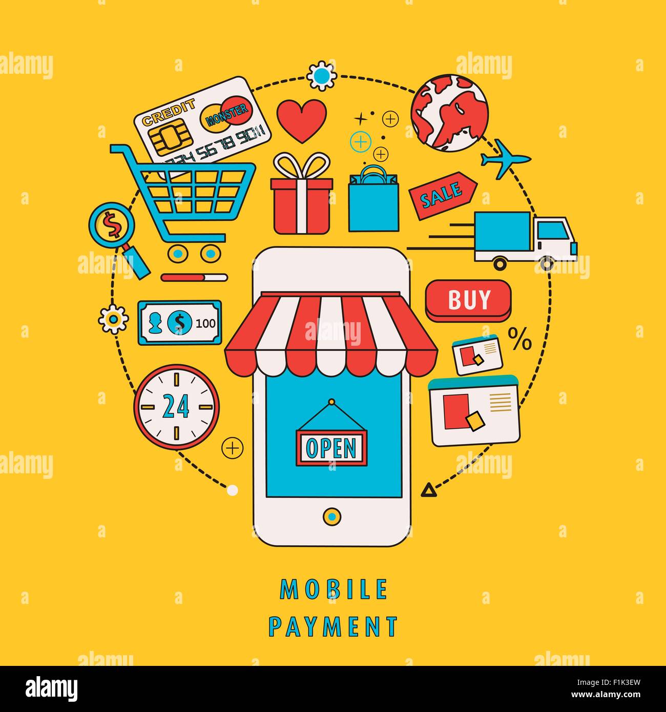 mobile payment concept with related elements in flat line design Stock ...