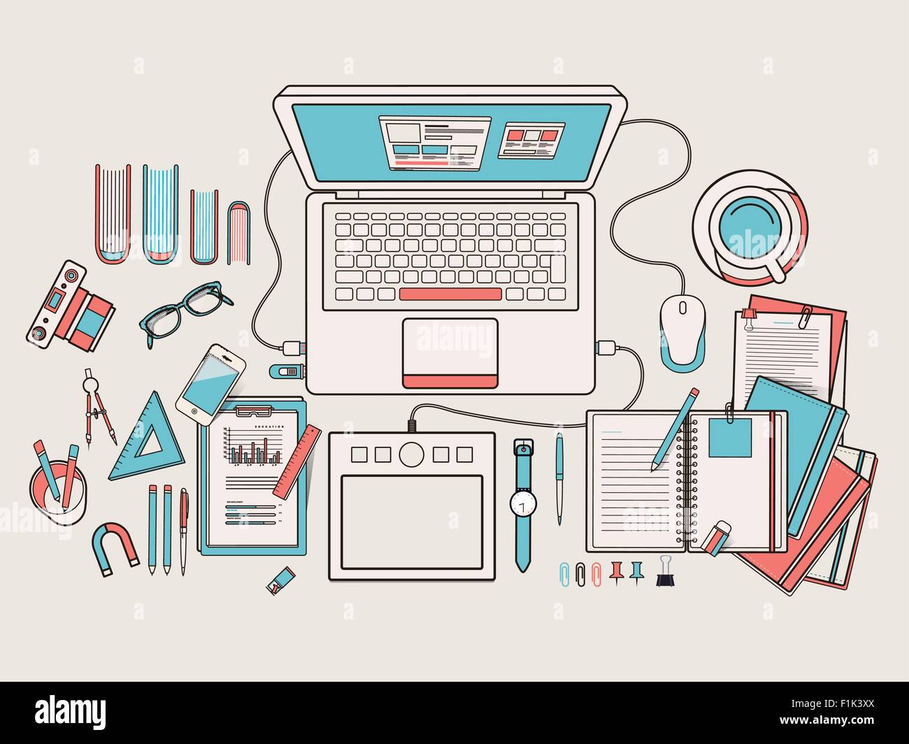 top view of working place in flat line design Stock Vector Image & Art ...