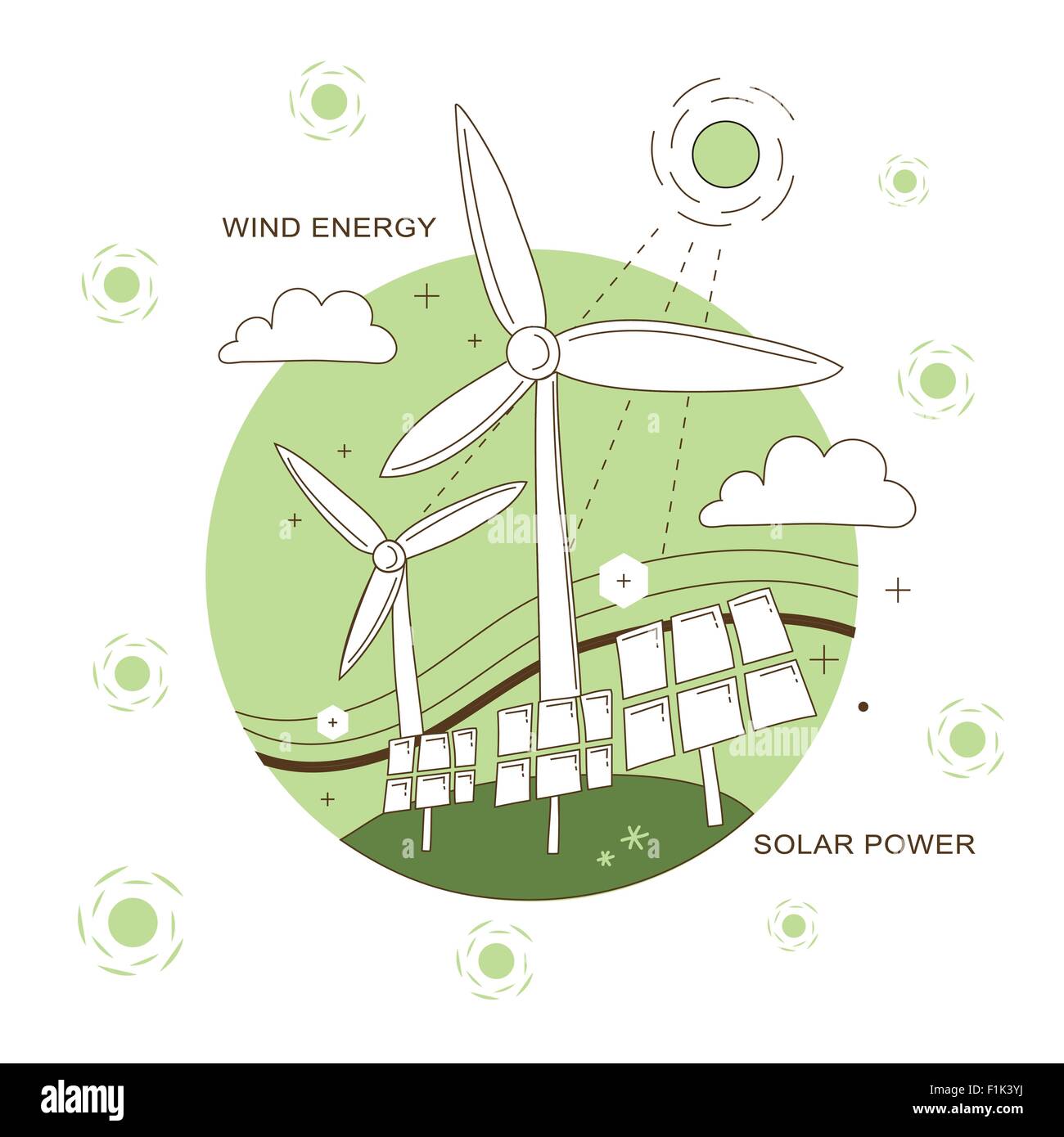 wind energy and solar power concept in thin line style Stock Vector ...
