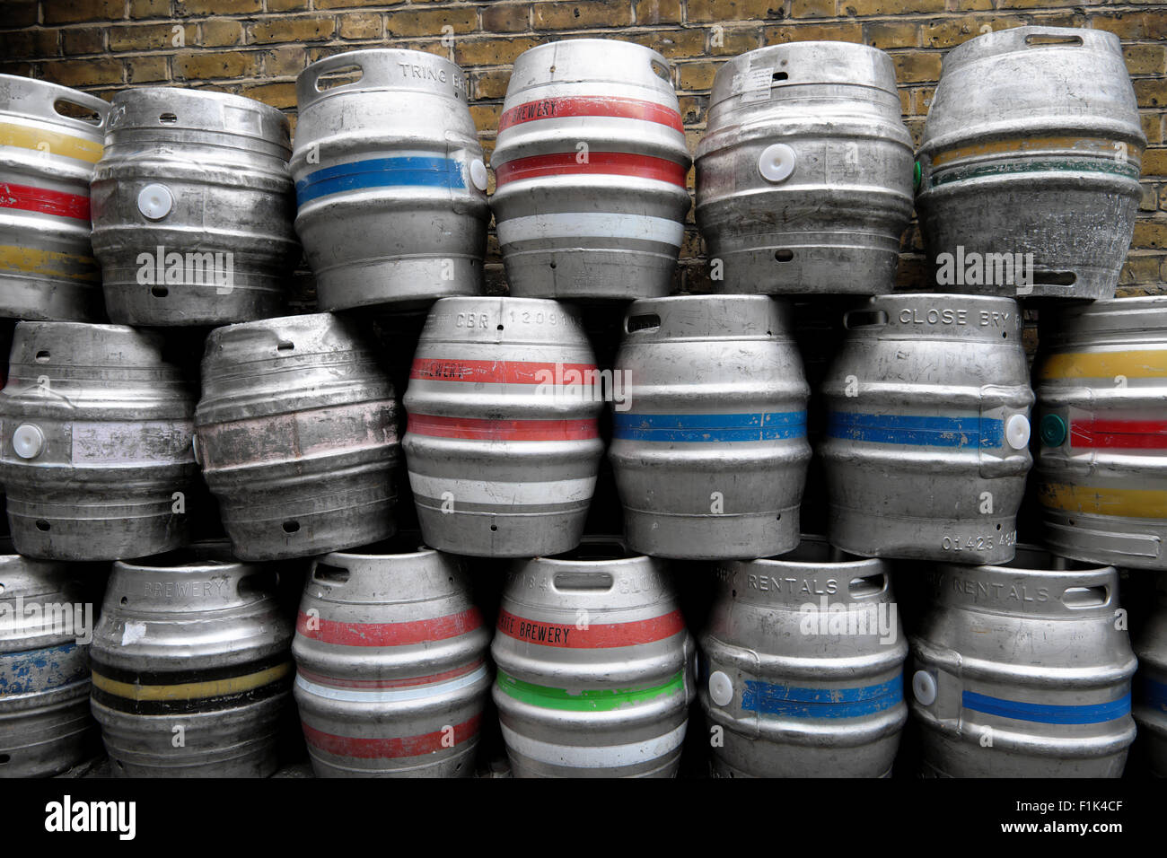 Empty beer barrels kegs outside a pub in Bermondsey South London UK   KATHY DEWITT Stock Photo