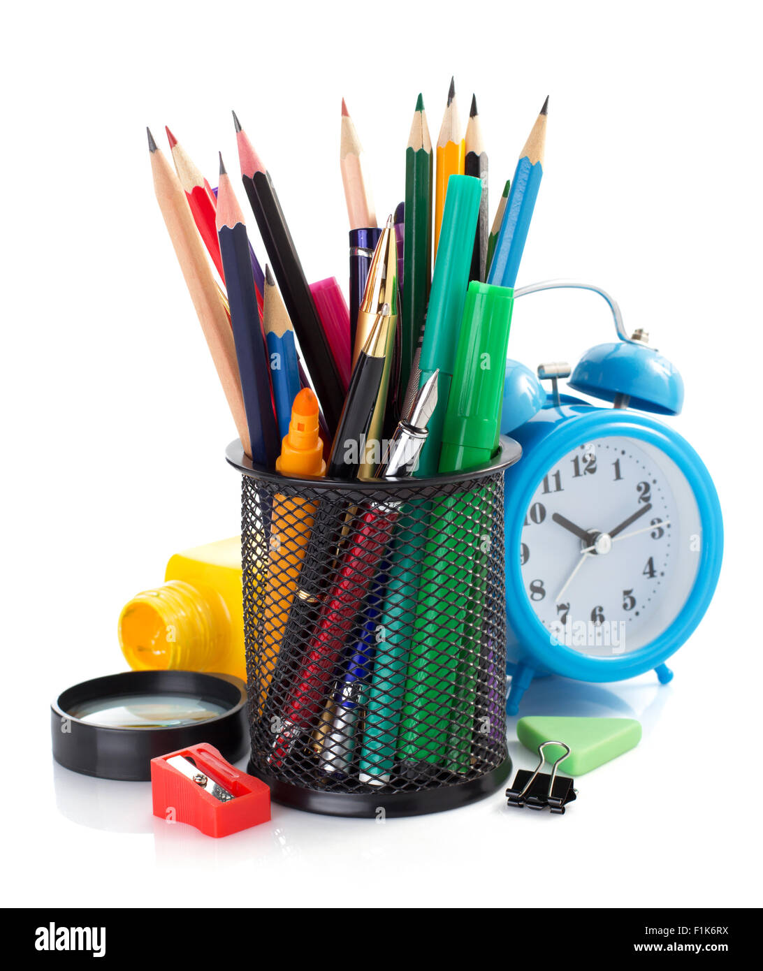 holder basket and office supplies isolated on white background Stock