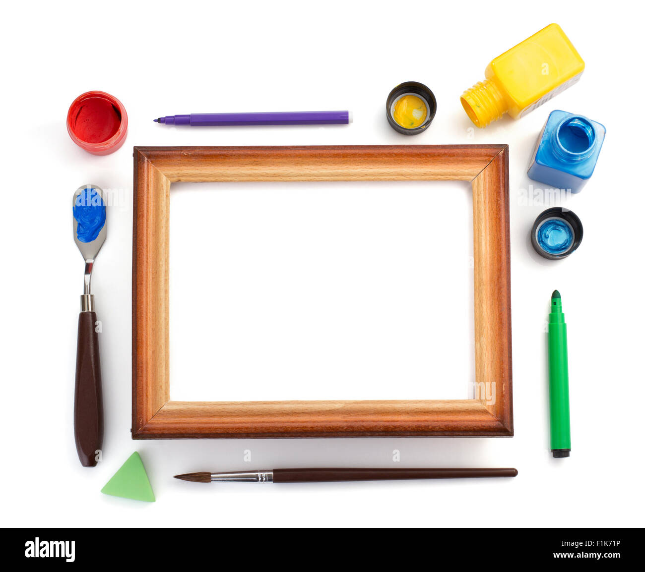 paint supplies and frame isolated on white background Stock Photo Alamy
