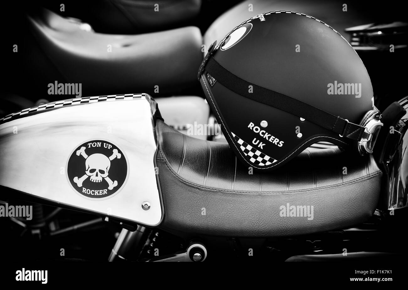 Rockers helmet and Motorcycle at the Ton up Day, Jacks Hill Cafe, Towcester, Northamptonshire, England. Monochrome Stock Photo