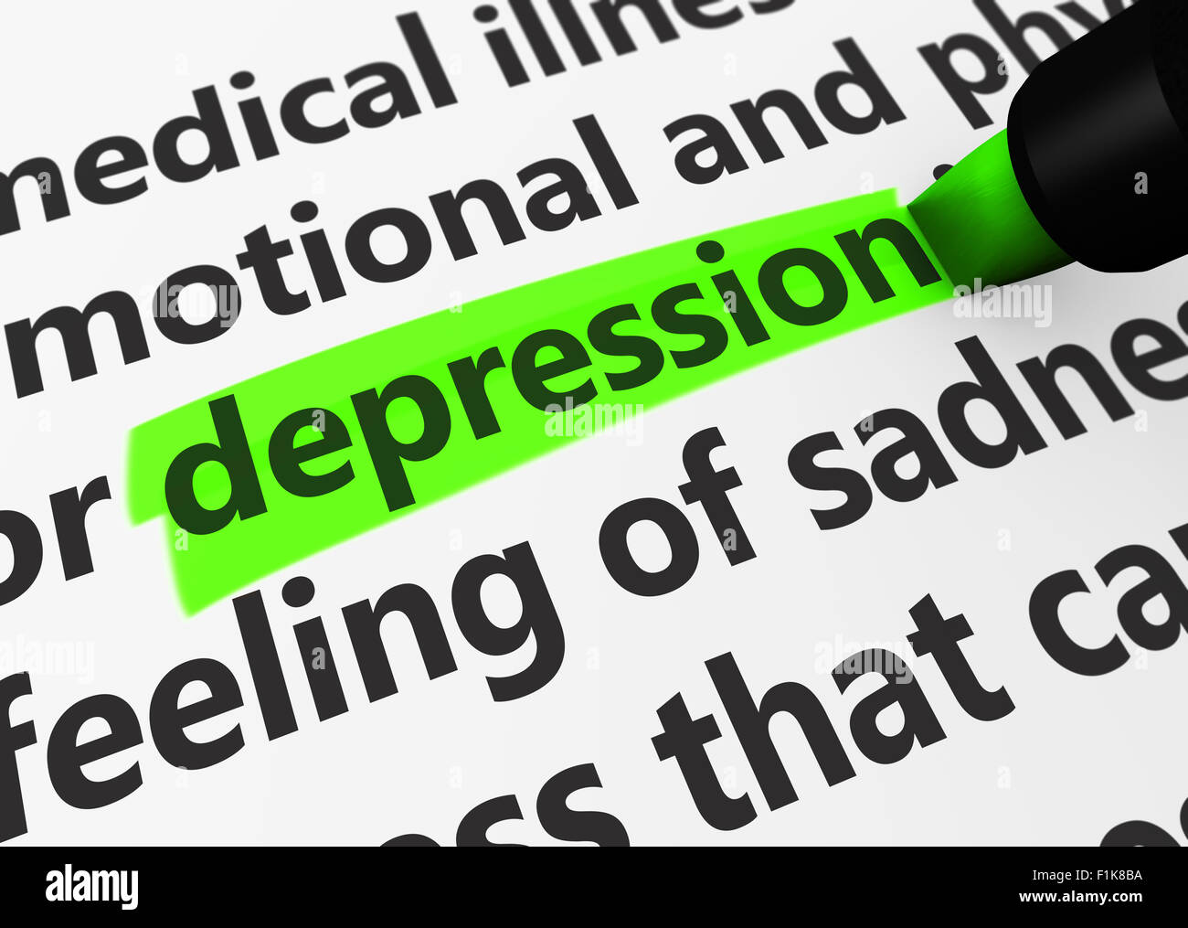 Health care, disease and illness concept with a close-up 3d render of depression word highlighted with a green marker. Stock Photo
