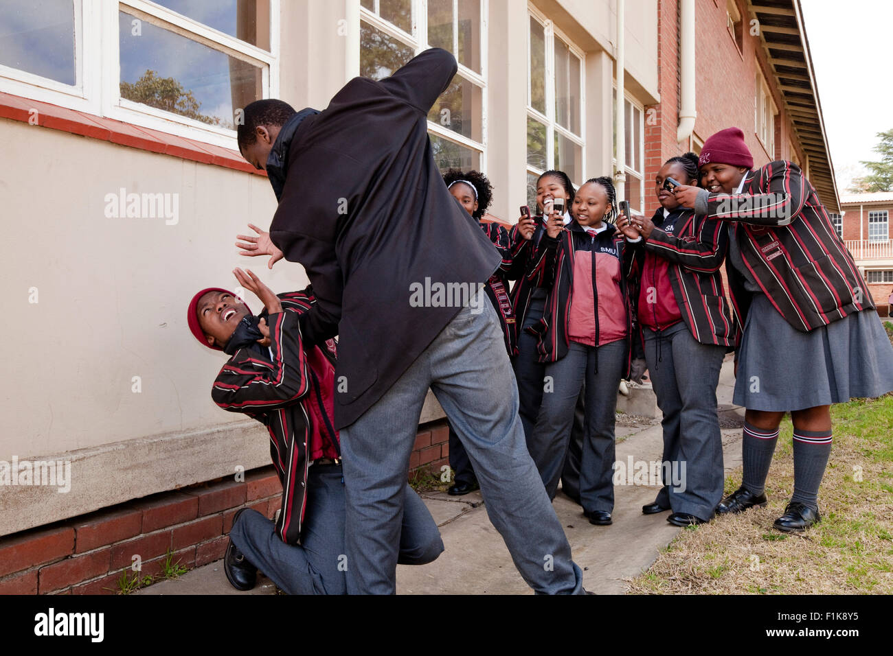 One male high school student beating up another while other students watch and film on their cellphones Stock Photo