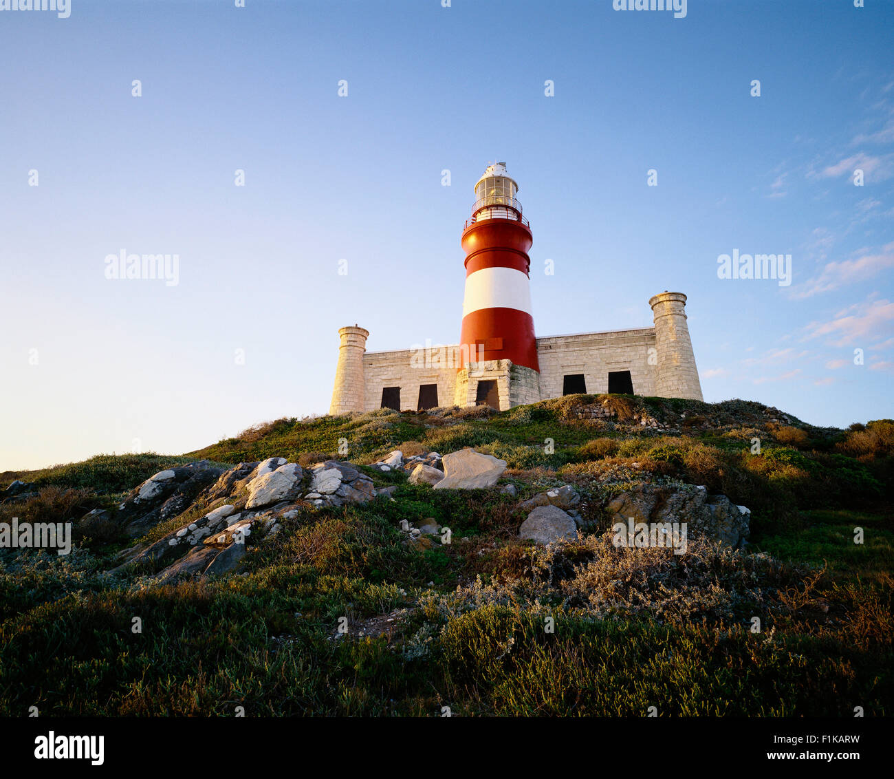 Lighthouse on Hill Cape Agulhas, Western Cape, South Africa Stock Photo