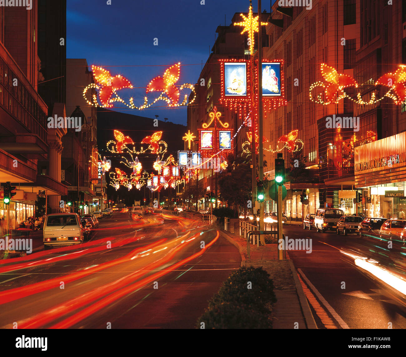 Festive street lights in Cape Town at Christmas. Golden Acre, Cape Town