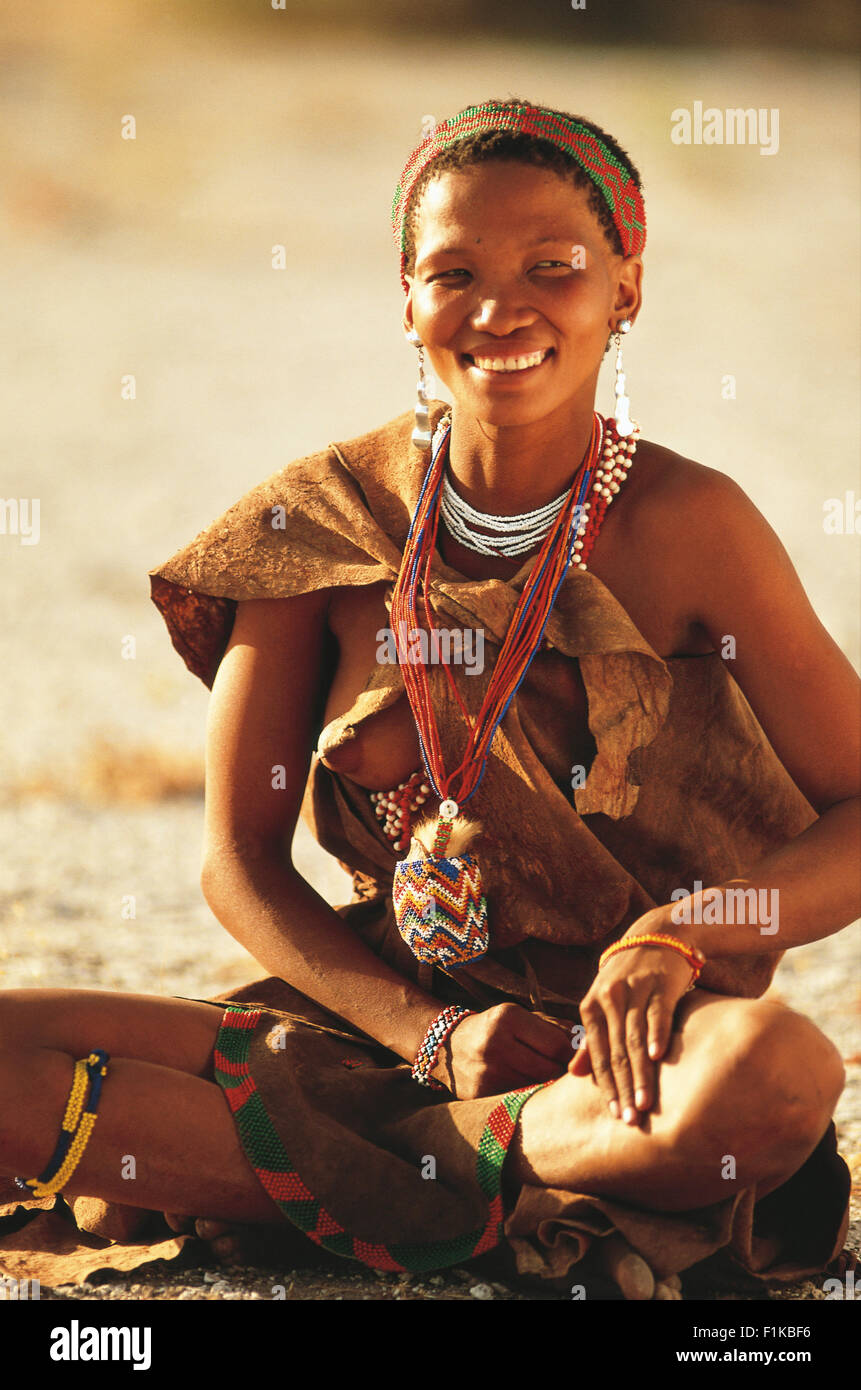 Portrait of Young Bushman woman in traditional dress. Botswana, Africa Stock Photo