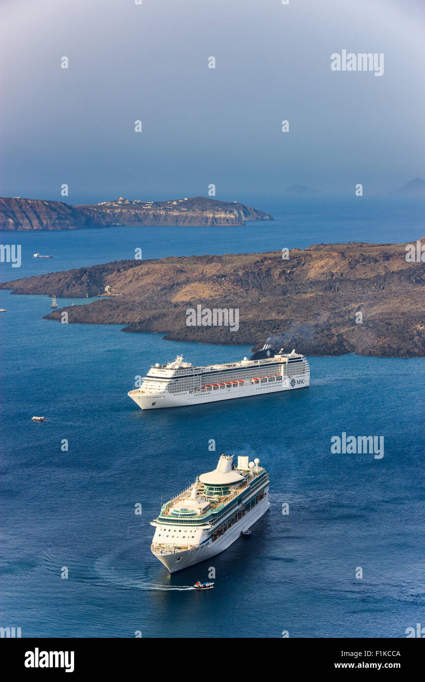 Cruise ships near Santorini, one of the Cyclades islands in Aegean Sea, Greece. Stock Photo