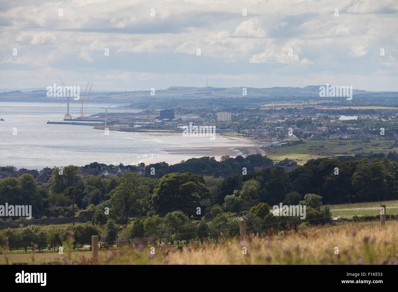 View of the town of Leven in Fife Scotland from Largo Law. Stock Photo
