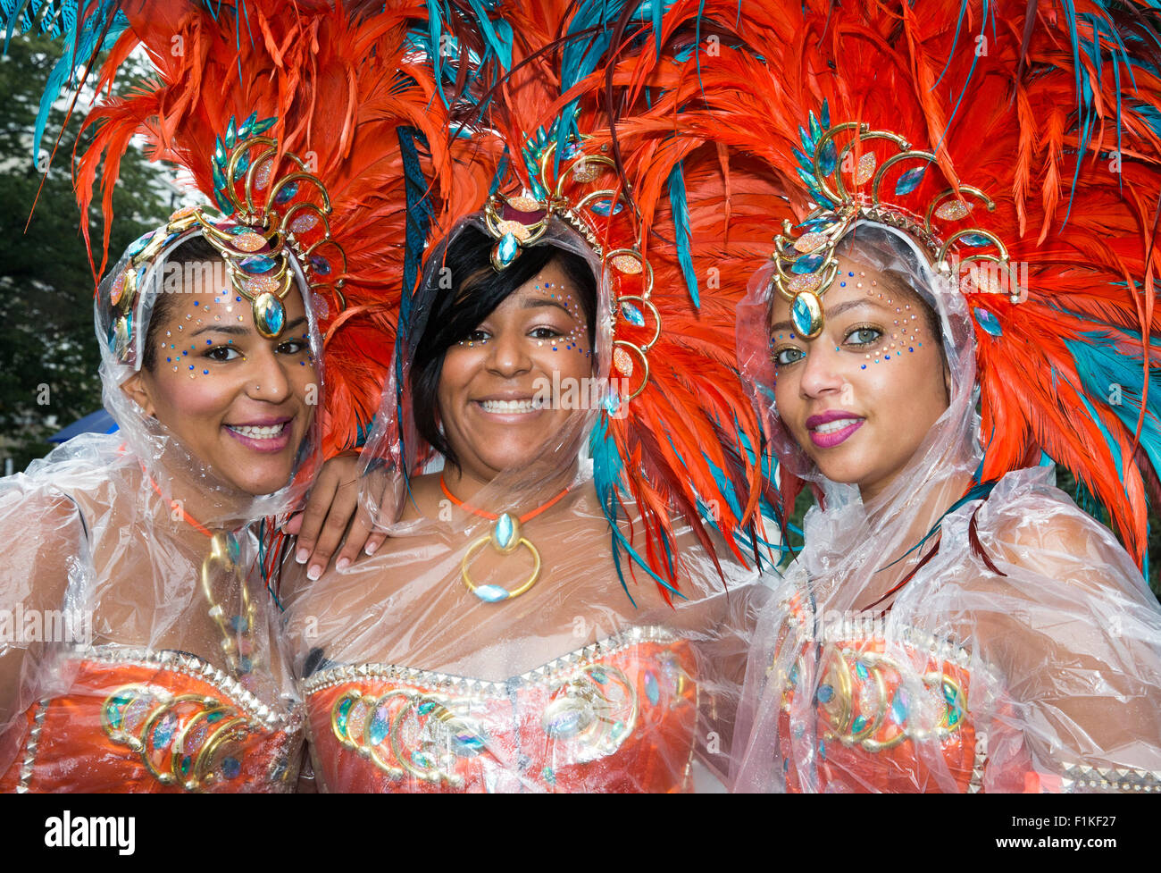 Celebration at the Notting Hill Carnival-The biggest street festival in Europe.  Carribean culture with colourful costumes Stock Photo