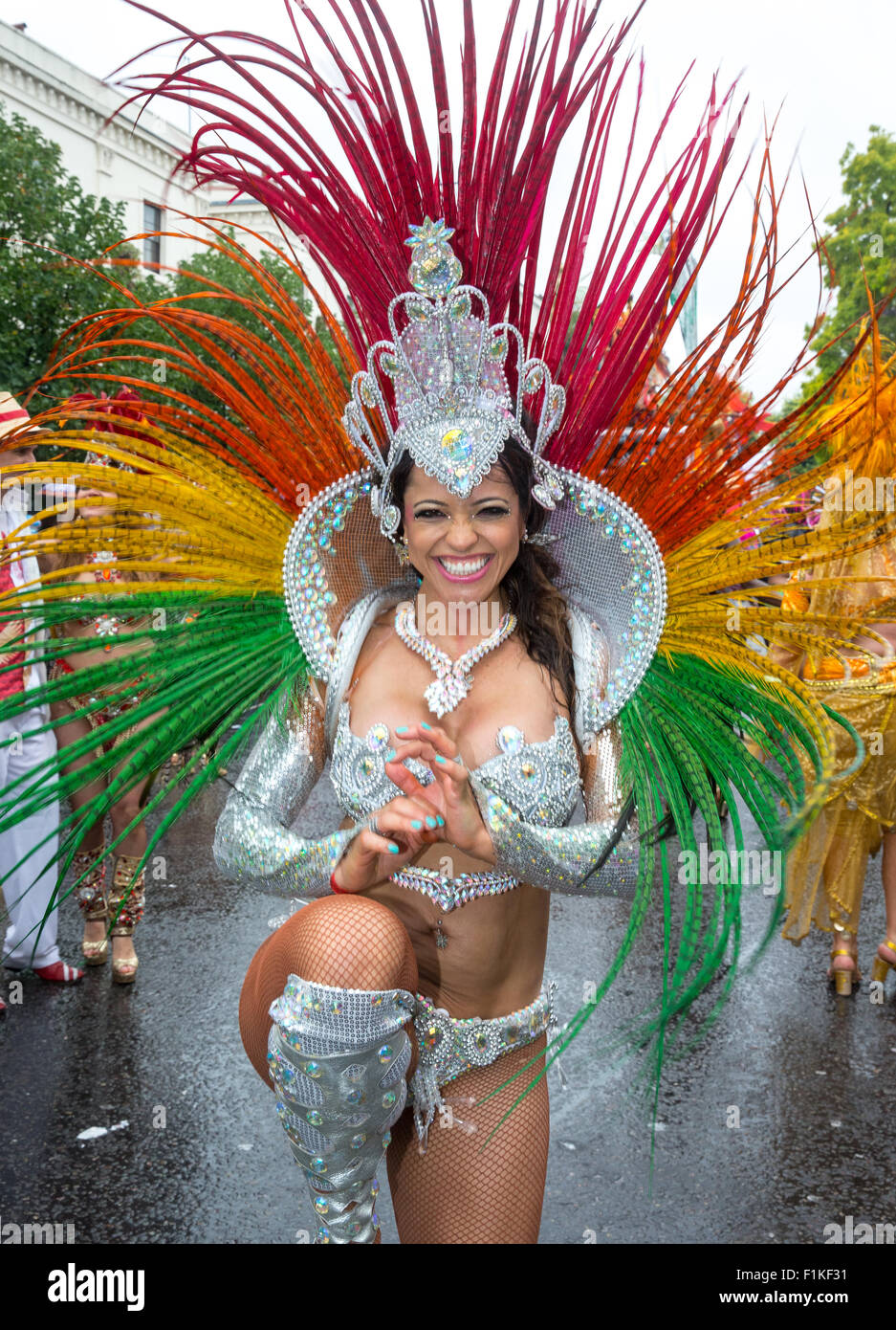Celebration at the Notting Hill Carnival-The biggest street festival in Europe.  Carribean culture with colourful costumes Stock Photo