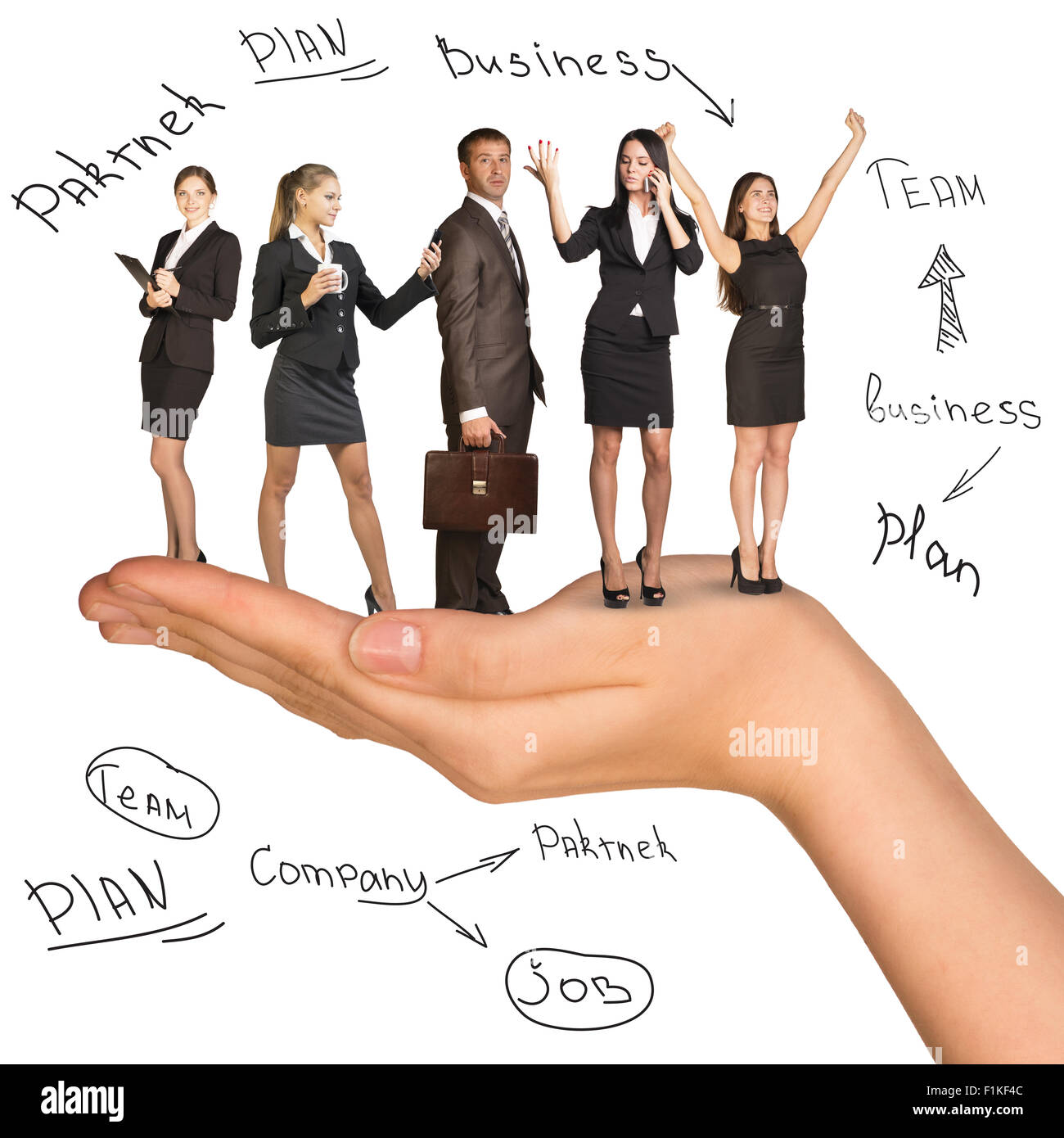 Businessman and women in humans hand Stock Photo