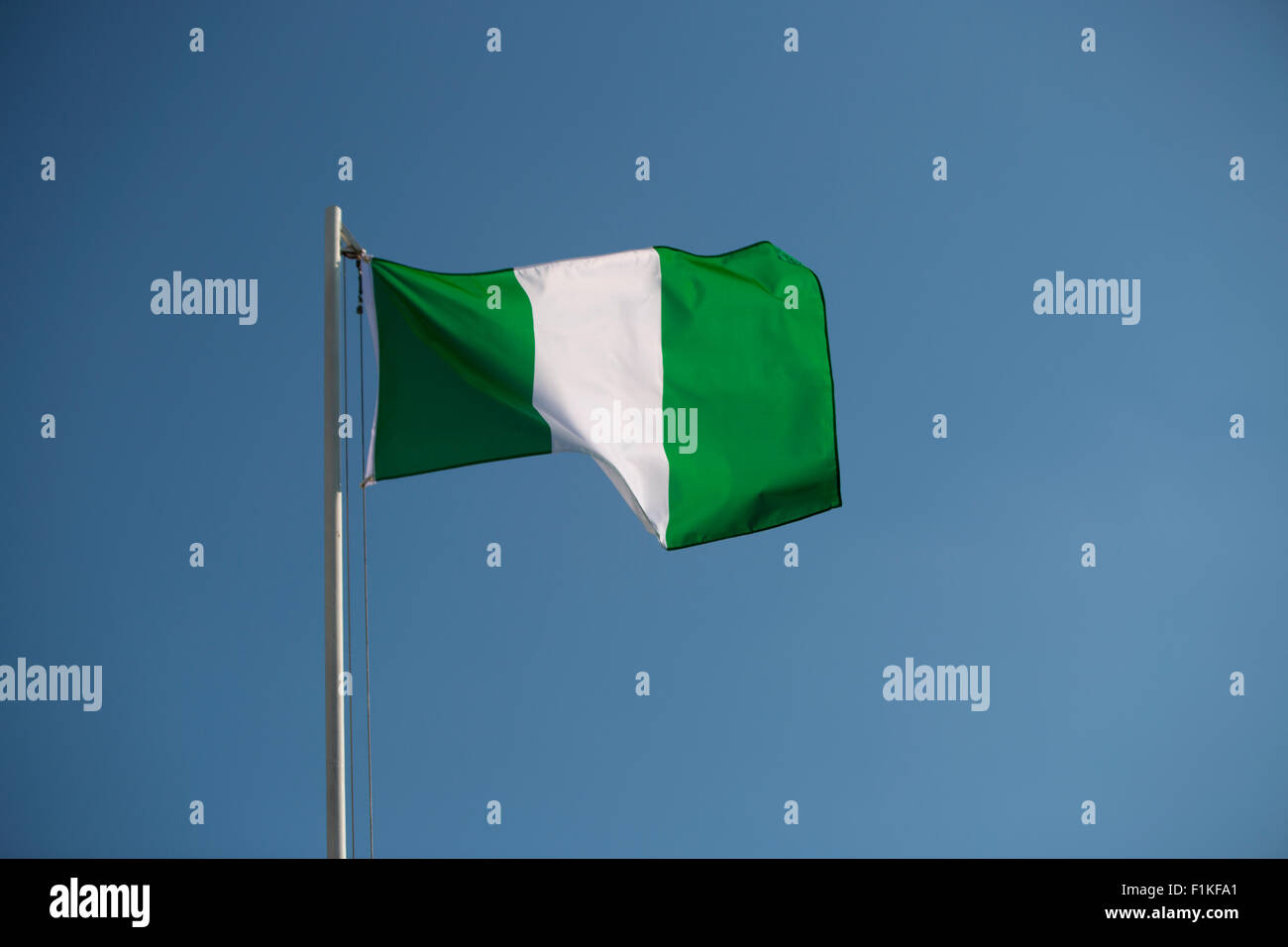 Nigerian flag in front of blue sky in the wind Stock Photo