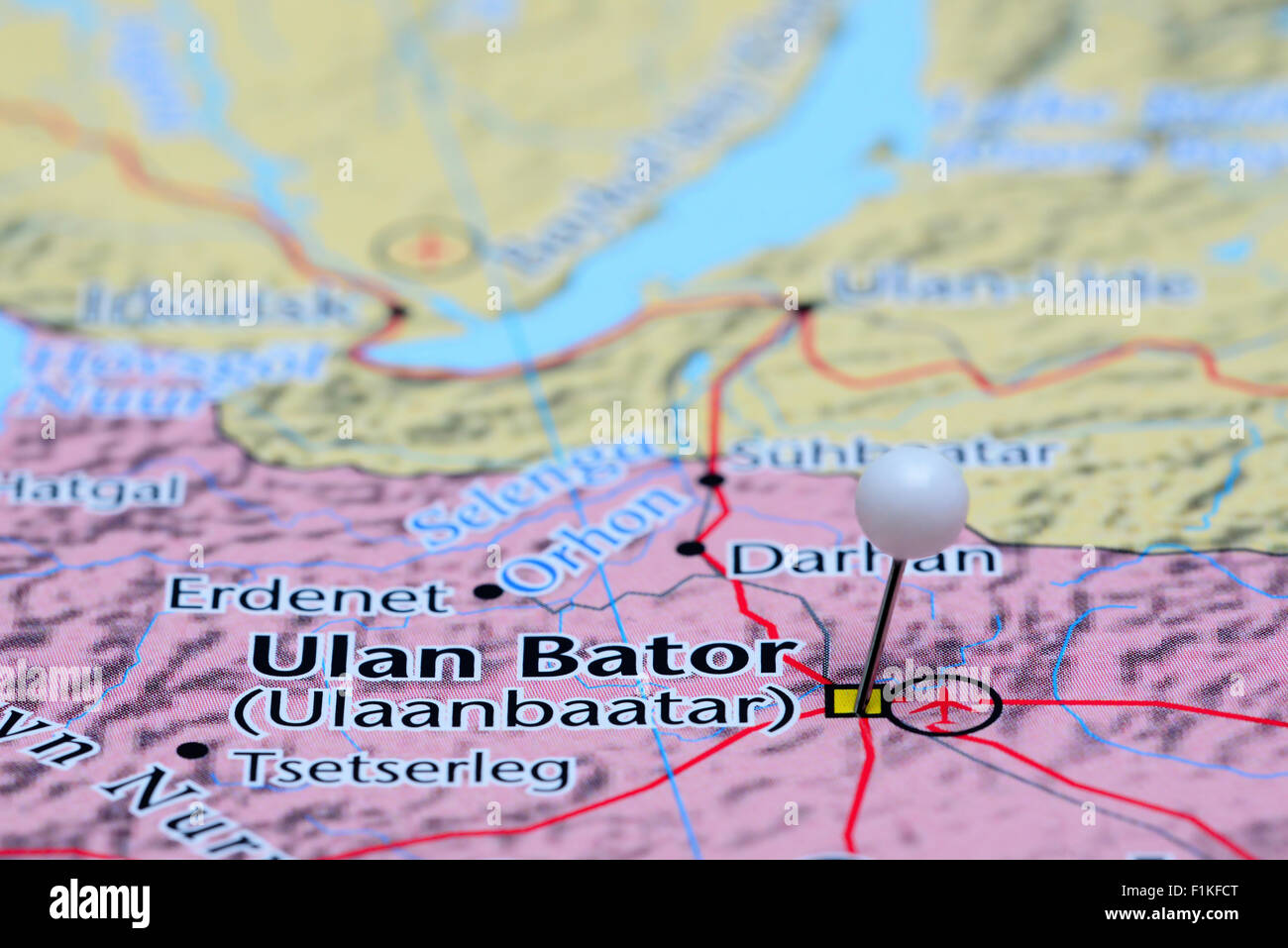 Ulan Bator pinned on a map of Asia Stock Photo