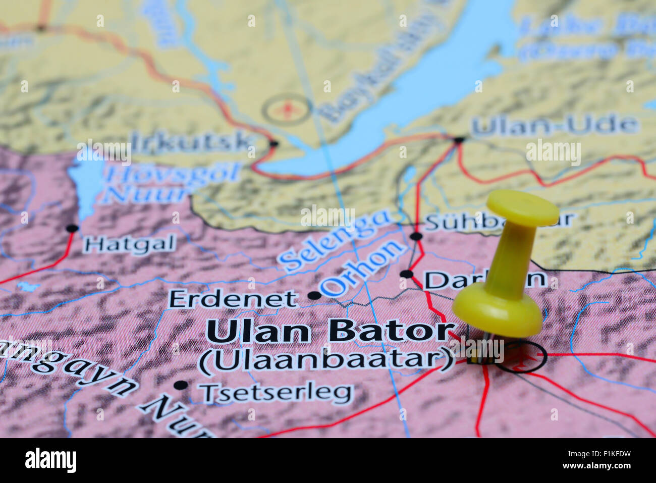 Ulan Bator pinned on a map of Asia Stock Photo