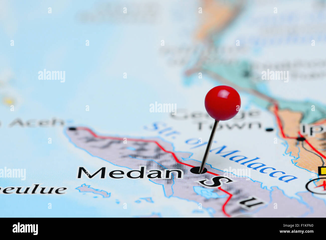 Medan pinned on a map of Asia Stock Photo