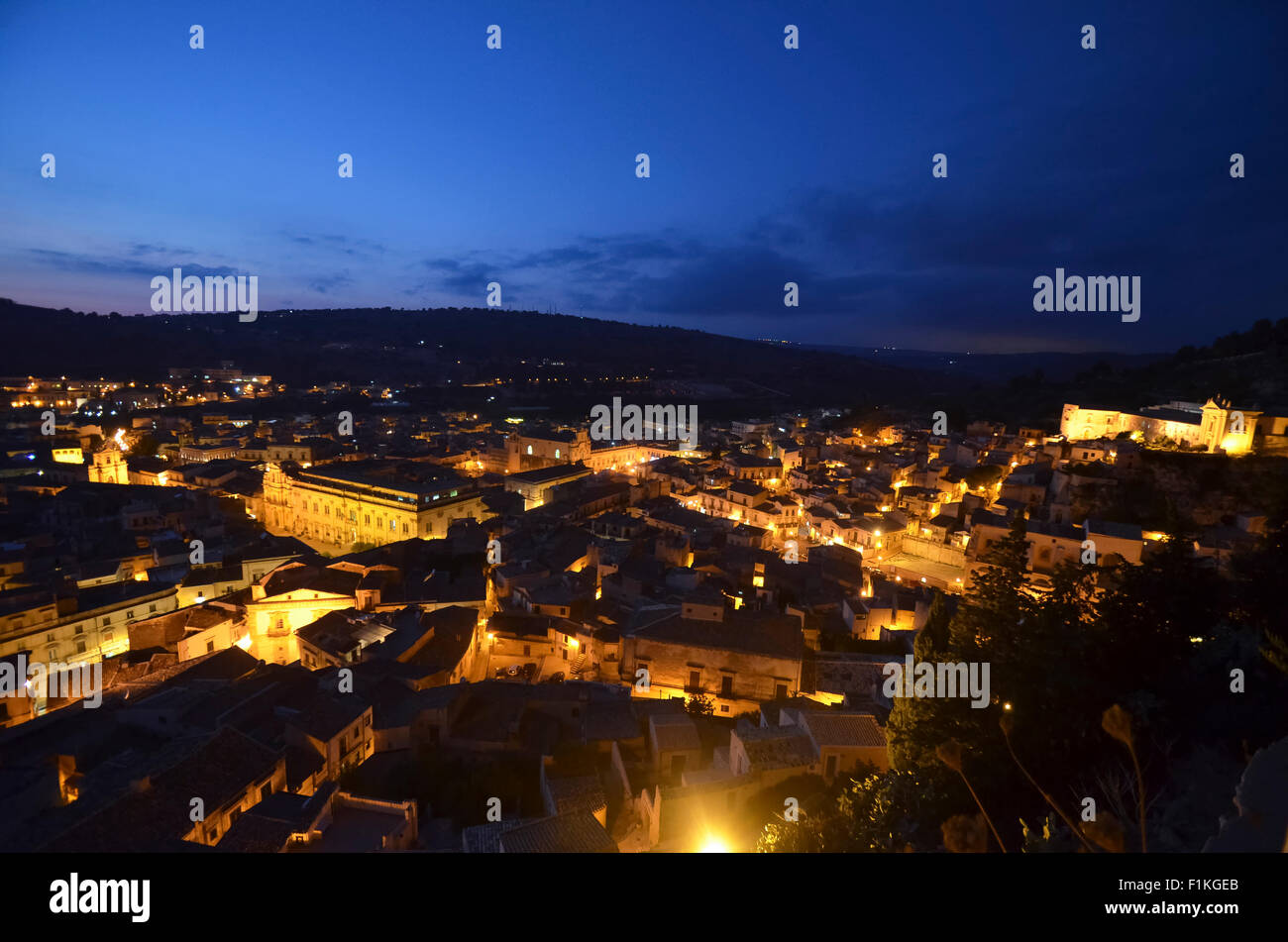 View of the town of Scicli at sunset Stock Photo