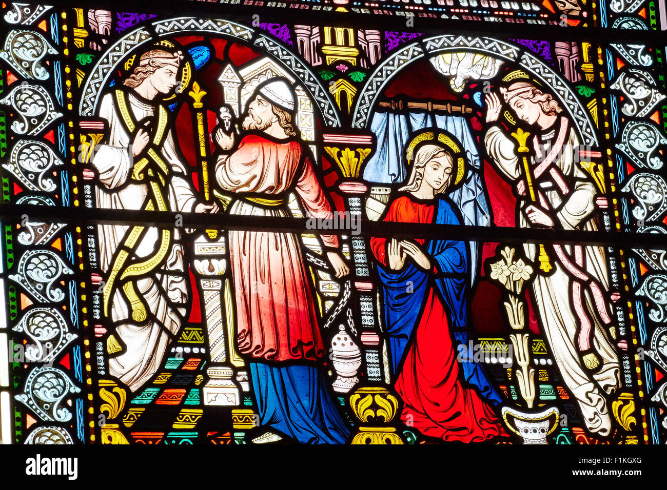 Section of a stained glass window in Southwell Minster, Southwell, Nottingham, England. Stock Photo