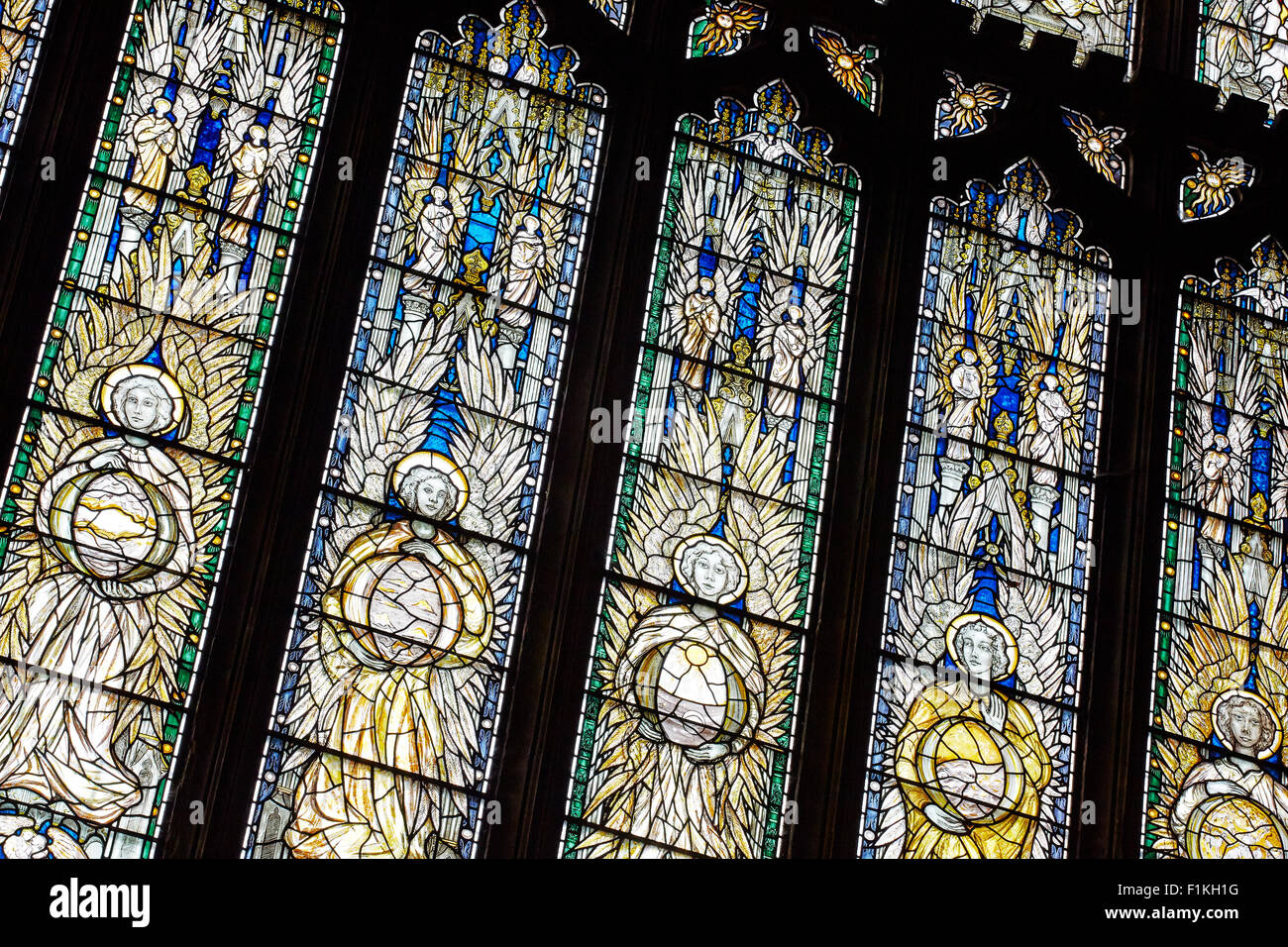 Section of a large stained glass window in Southwell Minster, Southwell, Nottingham, England. Stock Photo