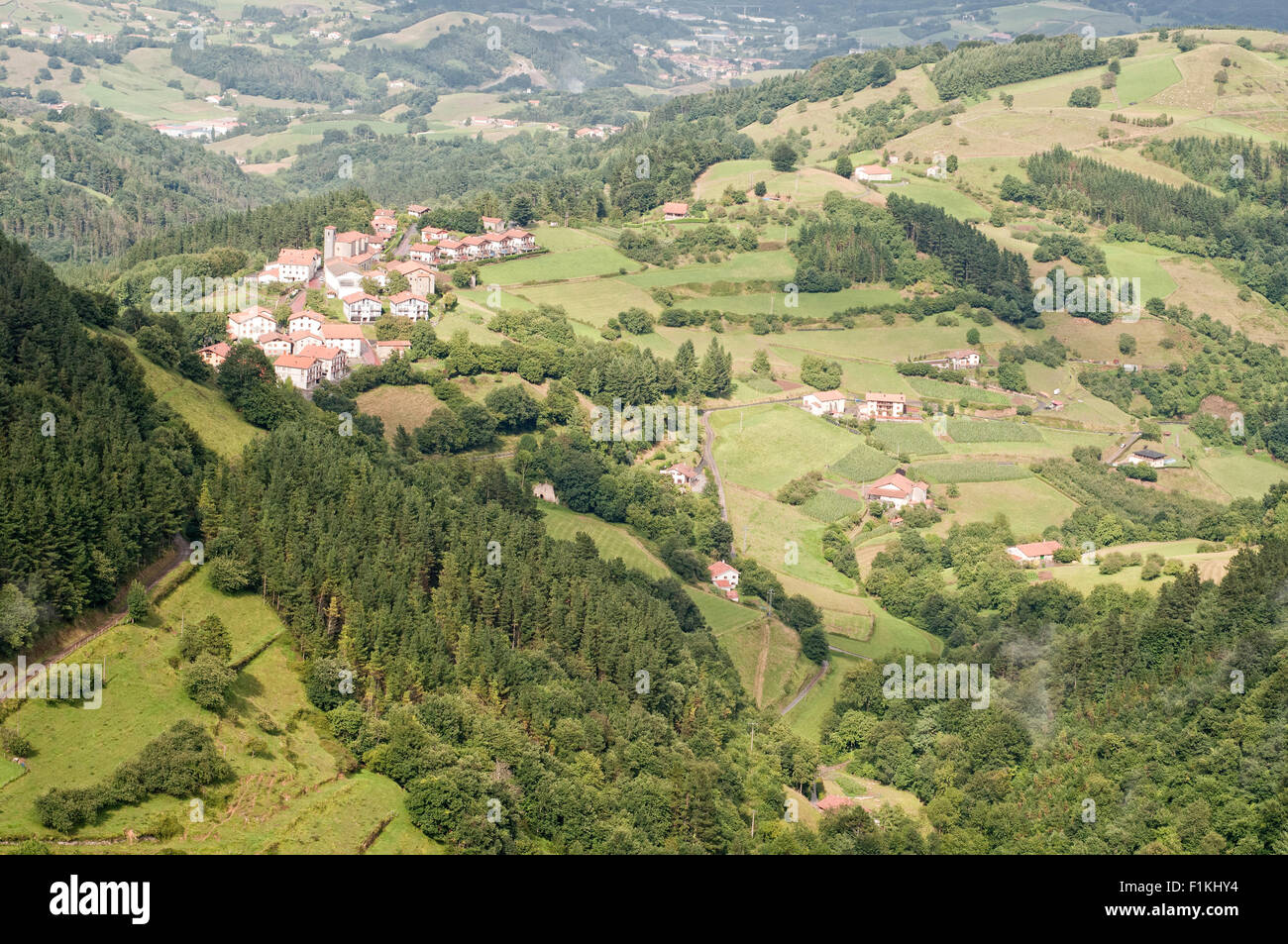 Aereal view of a traditional landscape of atlantic countryside with a little town in the Basque Country. Spain. Stock Photo